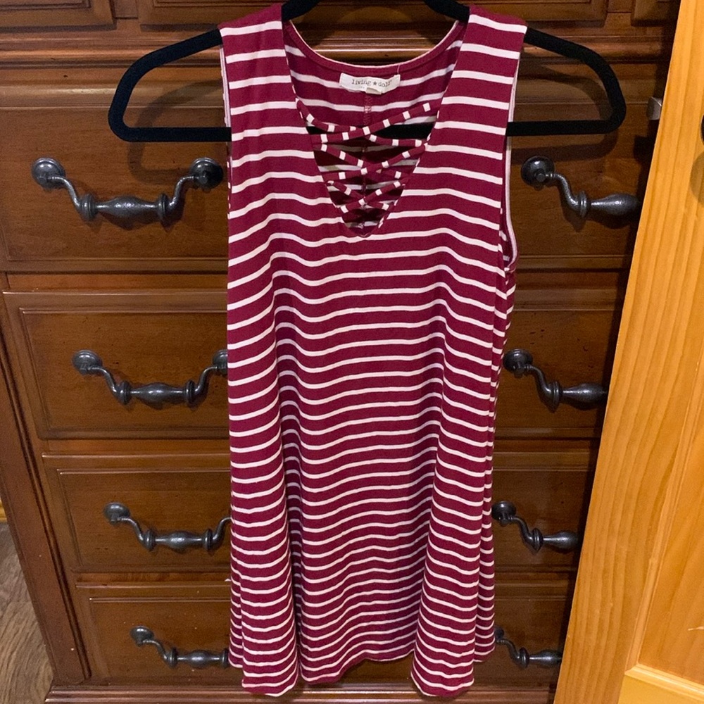 Living doll maroon and white striped dress with criss cross feature in front